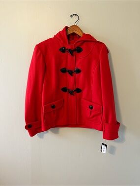 Guess Red Hooded Toggle Pea Coat Wool blend